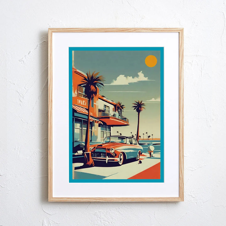 カリフォルニア西海岸のクラシックカーを描いたヴィンテージ風アート