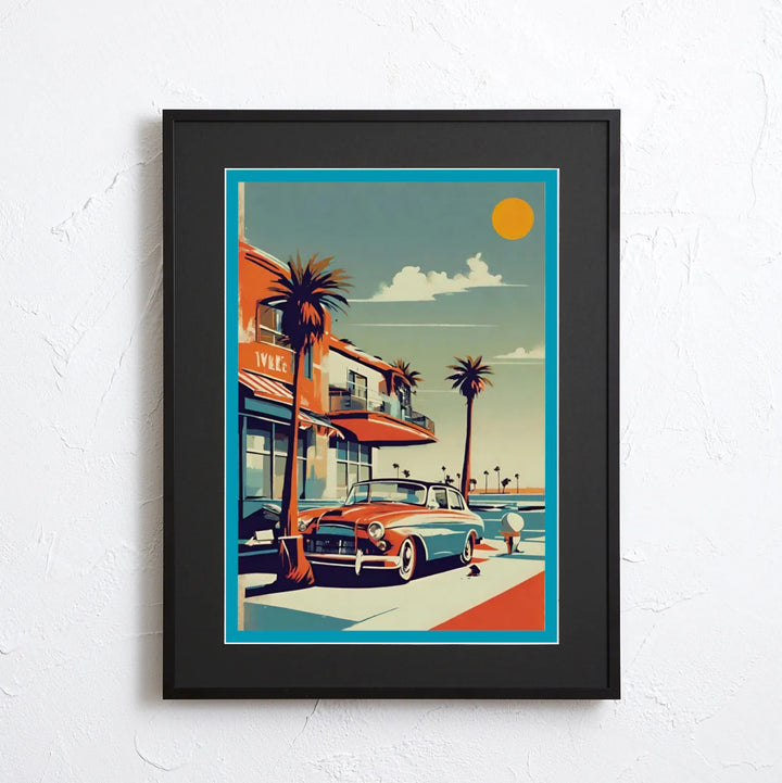 カリフォルニア西海岸のクラシックカーを描いたヴィンテージ風アート