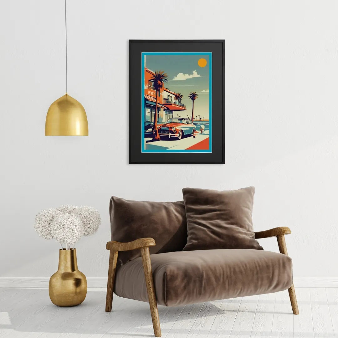 カリフォルニア西海岸のクラシックカーを描いたヴィンテージ風アート