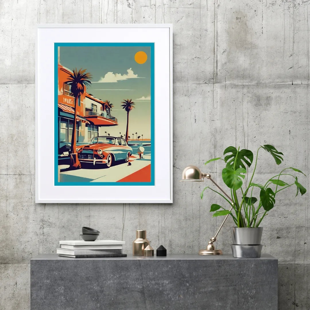 カリフォルニア西海岸のクラシックカーを描いたヴィンテージ風アート