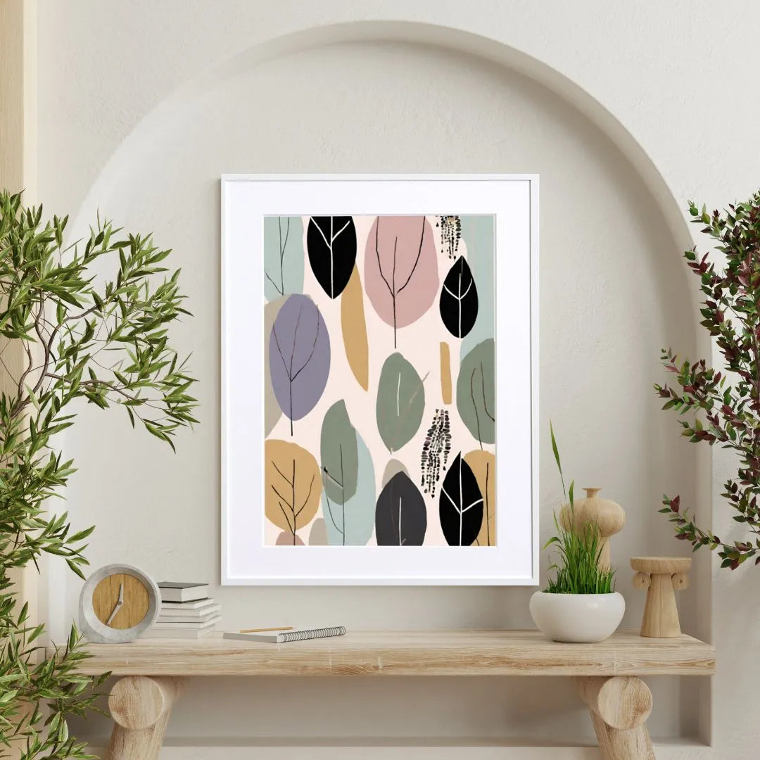 アート284　「プリズム(オリーブ)」　インテリアコーディネート 北欧風の落ち着きあるリーフ柄アートポスター「Tranquil」｜やさしい