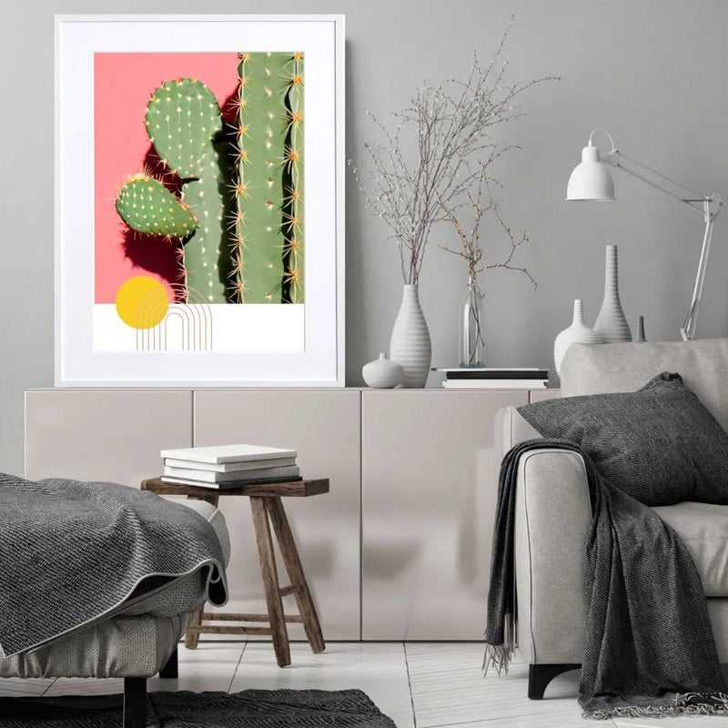 ポップな配色と幾何学模様で彩られたサボテンのアートポスター「Urban Cactus」｜Fancy Art Select作｜ピンク×グリーンが映えるカフェ風モダンインテリアアート