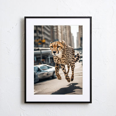 チーターが都市を駆け抜ける幻想的フォトアート『Cheetah Trip』｜Fancy Art select作｜スピード感と非現実が融合したデザイン