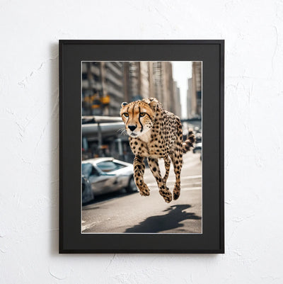 チーターが都市を駆け抜ける幻想的フォトアート『Cheetah Trip』｜Fancy Art select作｜スピード感と非現実が融合したデザイン