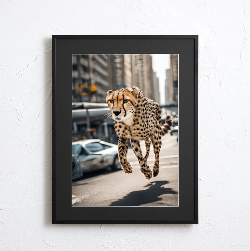 チーターが都市を駆け抜ける幻想的フォトアート『Cheetah Trip』｜Fancy Art select作｜スピード感と非現実が融合したデザイン