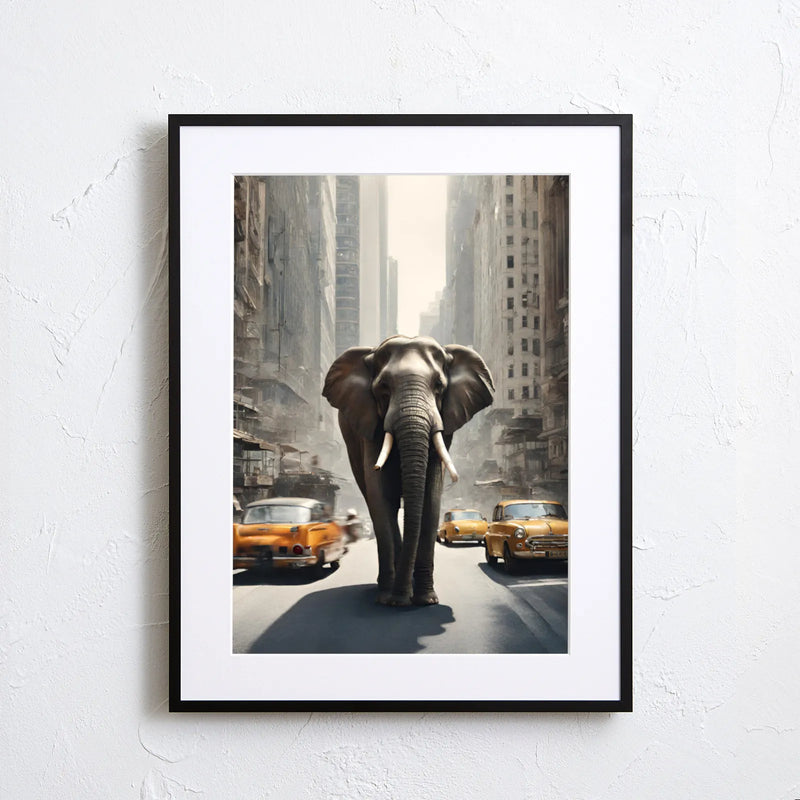 都会の真ん中を象が歩く非日常のフォトアートポスター｜『Elephant Trip』｜Fancy Art select作｜見る人に印象を残すデザイン