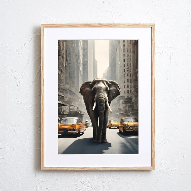 都会の真ん中を象が歩く非日常のフォトアートポスター｜『Elephant Trip』｜Fancy Art select作｜見る人に印象を残すデザイン