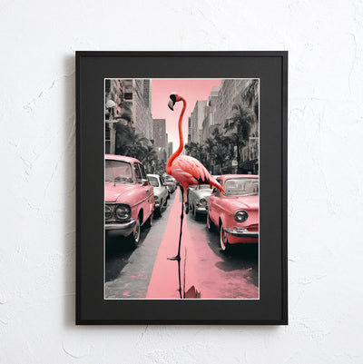 ピンクの街並みに立つフラミンゴが印象的な幻想的なフォトアート｜Flamengo Trip｜Fancy Art Select作｜レトロと非現実が融合した作品
