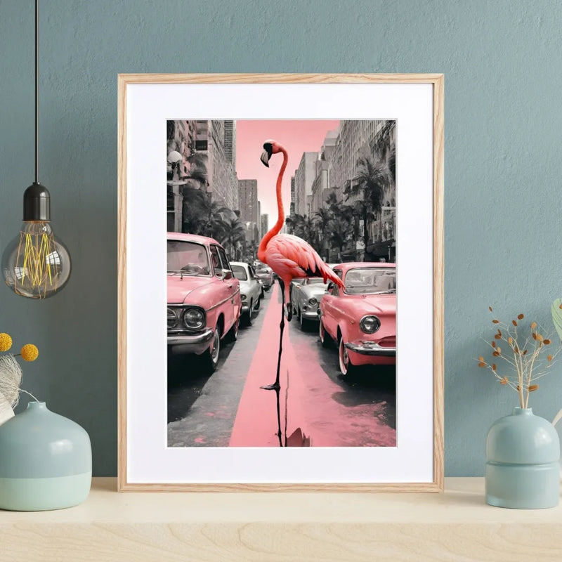 ピンクの街並みに立つフラミンゴが印象的な幻想的なフォトアート｜Flamengo Trip｜Fancy Art Select作｜レトロと非現実が融合した作品