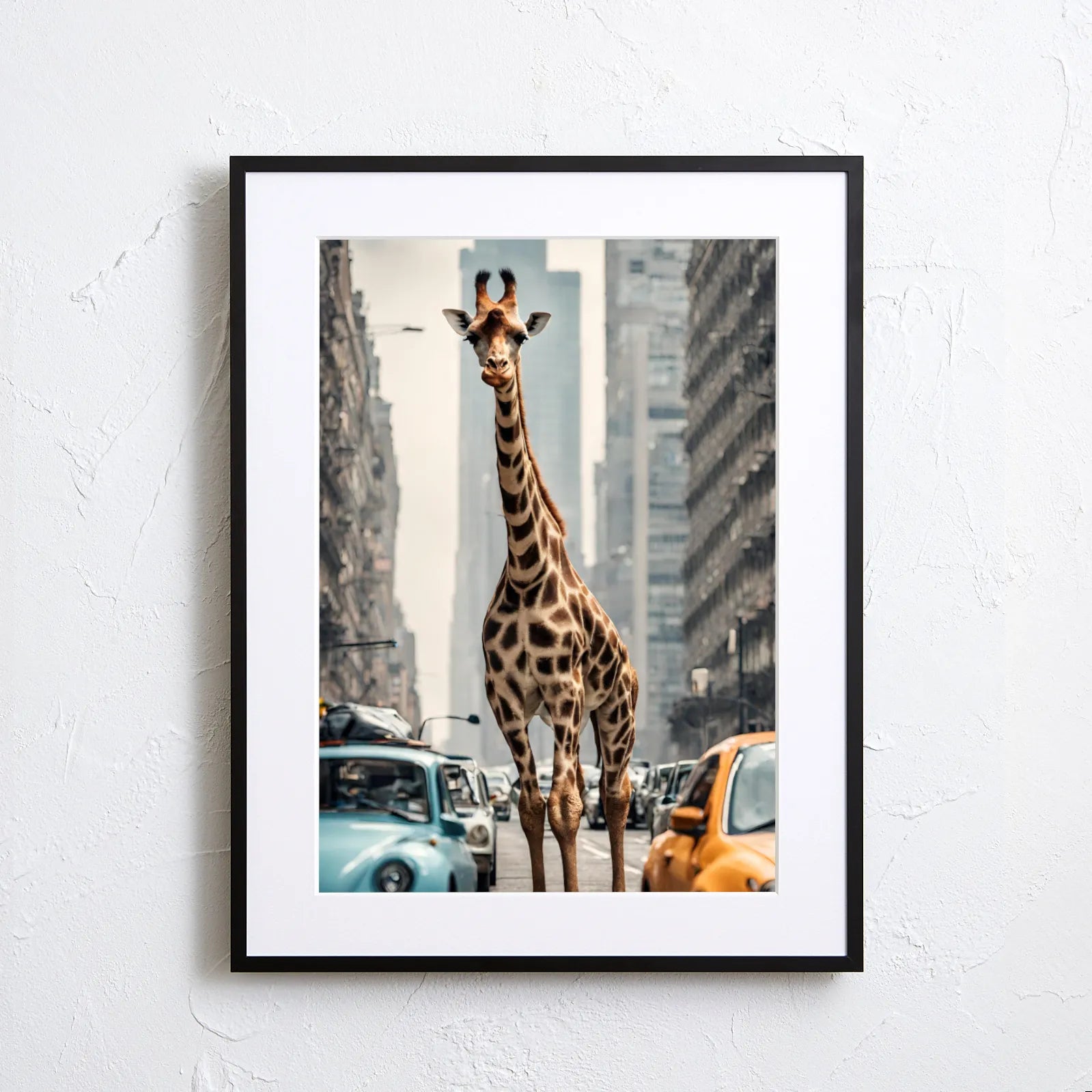 廃墟の高層ビルが並ぶ都市にキリンが立つ異世界感あふれるフォトアート『Giraffe Trip』Fancy Art Select｜想像力を掻き立てるデザイン