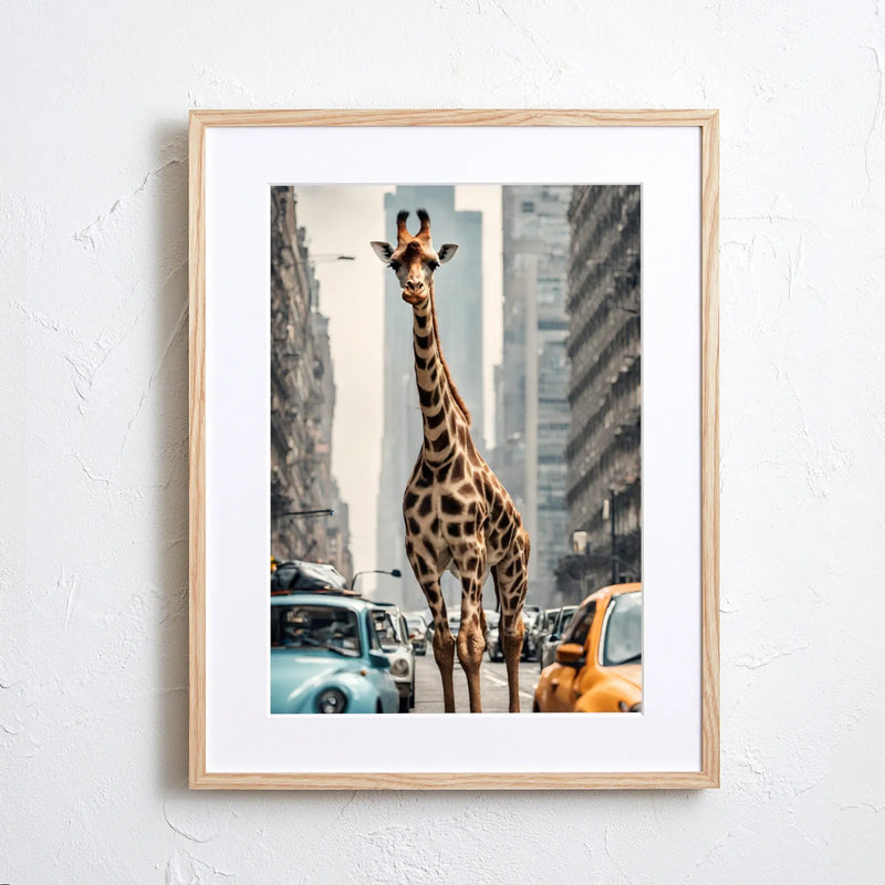 廃墟の高層ビルが並ぶ都市にキリンが立つ異世界感あふれるフォトアート『Giraffe Trip』Fancy Art Select｜想像力を掻き立てるデザイン