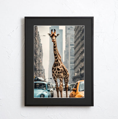 廃墟の高層ビルが並ぶ都市にキリンが立つ異世界感あふれるフォトアート『Giraffe Trip』Fancy Art Select｜想像力を掻き立てるデザイン