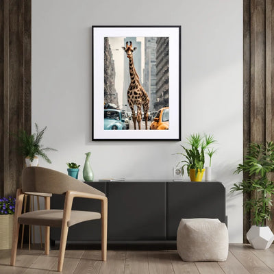 廃墟の高層ビルが並ぶ都市にキリンが立つ異世界感あふれるフォトアート『Giraffe Trip』Fancy Art Select｜想像力を掻き立てるデザイン
