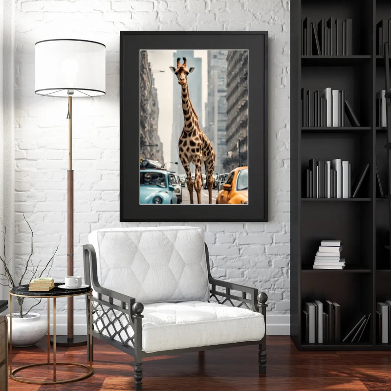 廃墟の高層ビルが並ぶ都市にキリンが立つ異世界感あふれるフォトアート『Giraffe Trip』Fancy Art Select｜想像力を掻き立てるデザイン