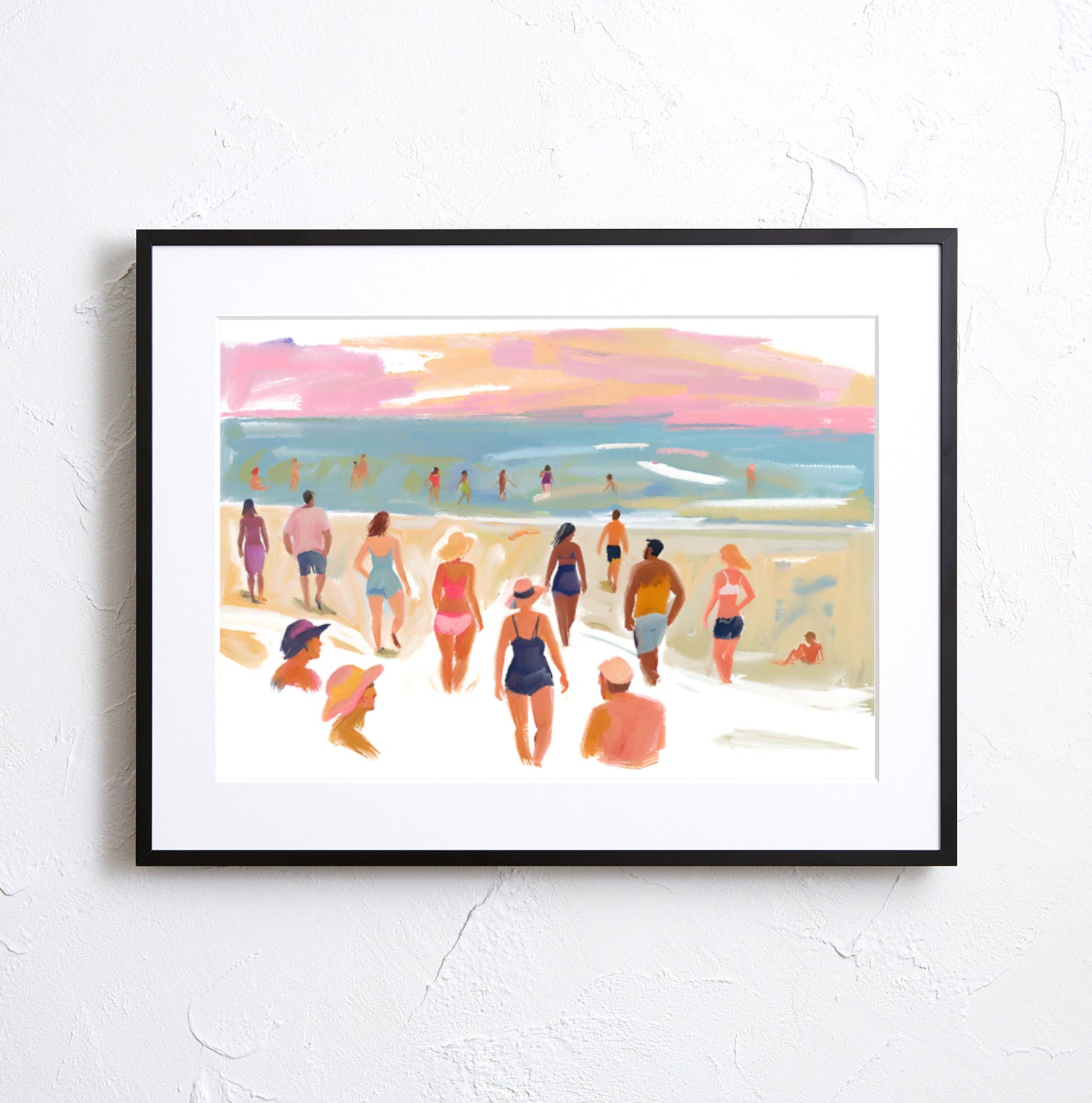 夕暮れ前のビーチで人々が過ごす様子を描いたイラスト｜『beach before evening』｜Fancy Art Select作｜癒しと開放感を届けるアートポスター