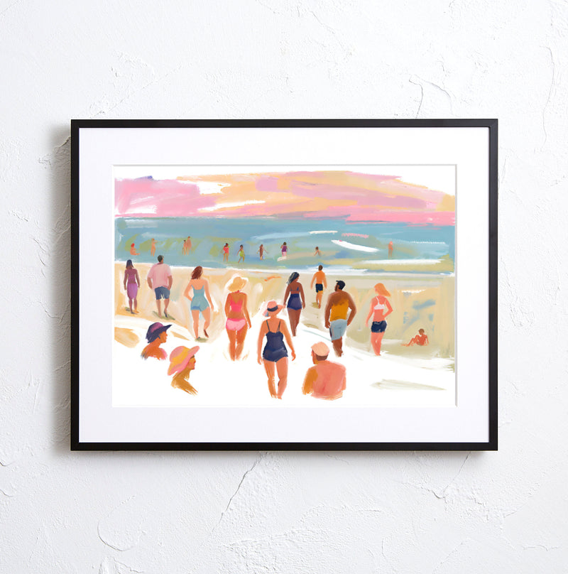 夕暮れ前のビーチで人々が過ごす様子を描いたイラスト｜『beach before evening』｜Fancy Art Select作｜癒しと開放感を届けるアートポスター