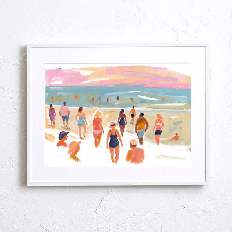 夕暮れ前のビーチで人々が過ごす様子を描いたイラスト｜『beach before evening』｜Fancy Art Select作｜癒しと開放感を届けるアートポスター