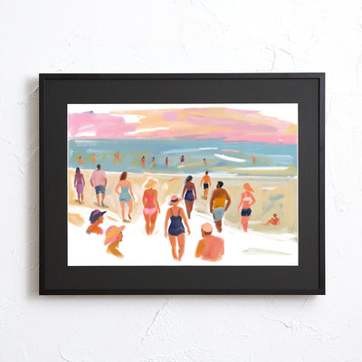 夕暮れ前のビーチで人々が過ごす様子を描いたイラスト｜『beach before evening』｜Fancy Art Select作｜癒しと開放感を届けるアートポスター