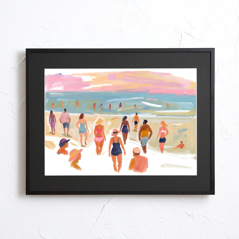 夕暮れ前のビーチで人々が過ごす様子を描いたイラスト｜『beach before evening』｜Fancy Art Select作｜癒しと開放感を届けるアートポスター