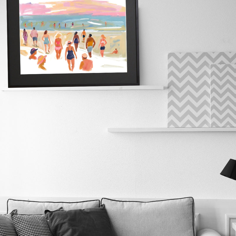 夕暮れ前のビーチで人々が過ごす様子を描いたイラスト｜『beach before evening』｜Fancy Art Select作｜癒しと開放感を届けるアートポスター