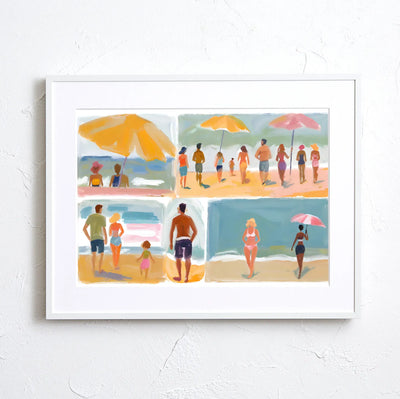 複数のシーンで描かれた夏のビーチのひとこまが魅力的なアートポスター｜『beach before evening Ⅱ』｜Fancy Art Select作｜リゾート感と癒しを届けるデザイン
