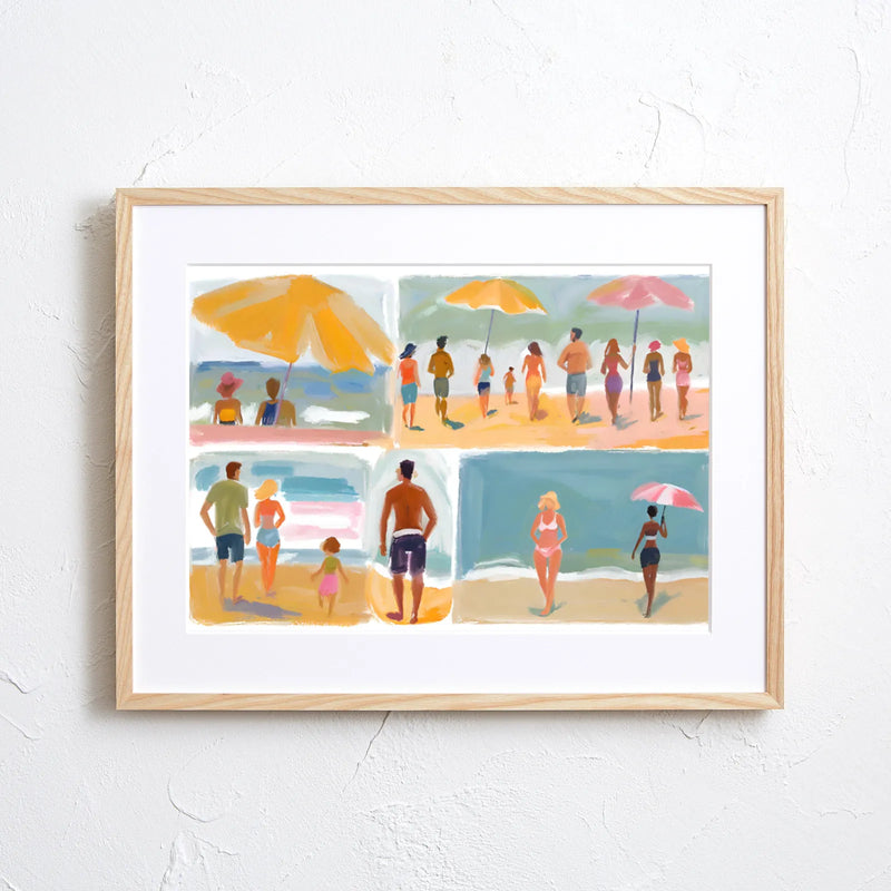複数のシーンで描かれた夏のビーチのひとこまが魅力的なアートポスター｜『beach before evening Ⅱ』｜Fancy Art Select作｜リゾート感と癒しを届けるデザイン