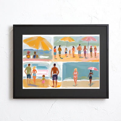 複数のシーンで描かれた夏のビーチのひとこまが魅力的なアートポスター｜『beach before evening Ⅱ』｜Fancy Art Select作｜リゾート感と癒しを届けるデザイン