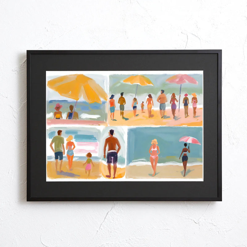 複数のシーンで描かれた夏のビーチのひとこまが魅力的なアートポスター｜『beach before evening Ⅱ』｜Fancy Art Select作｜リゾート感と癒しを届けるデザイン