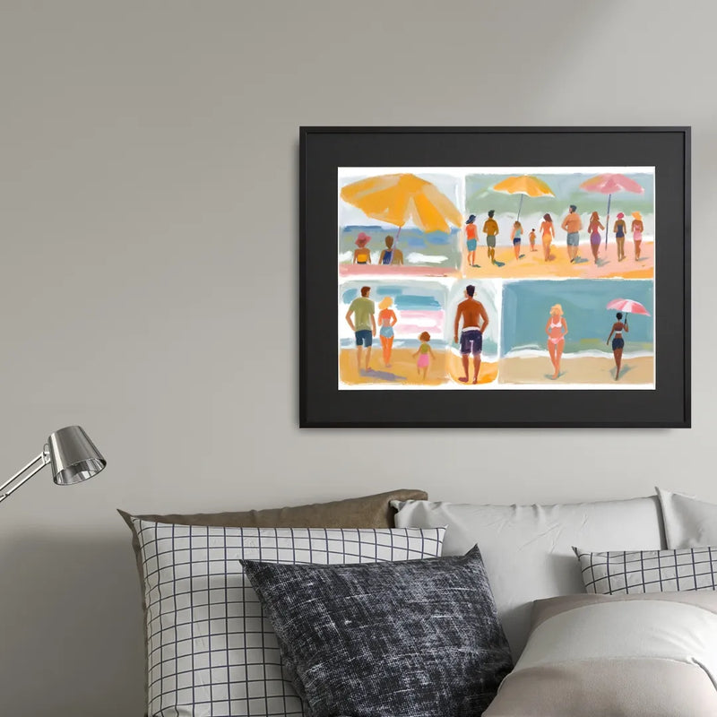 複数のシーンで描かれた夏のビーチのひとこまが魅力的なアートポスター｜『beach before evening Ⅱ』｜Fancy Art Select作｜リゾート感と癒しを届けるデザイン