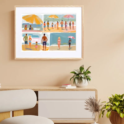 複数のシーンで描かれた夏のビーチのひとこまが魅力的なアートポスター｜『beach before evening Ⅱ』｜Fancy Art Select作｜リゾート感と癒しを届けるデザイン