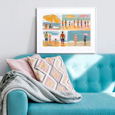 複数のシーンで描かれた夏のビーチのひとこまが魅力的なアートポスター｜『beach before evening Ⅱ』｜Fancy Art Select作｜リゾート感と癒しを届けるデザイン