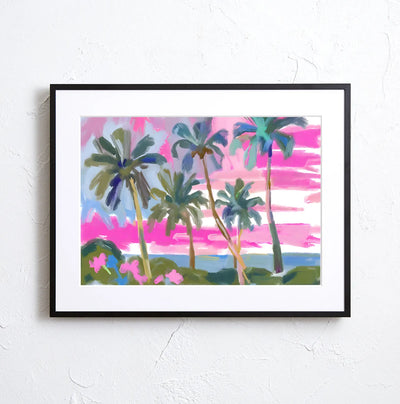 夕焼けのビーチとヤシの木を描いたアートポスター『Sunset Beach』｜Fancy Art Select作｜リゾート感あふれる癒しのインテリアに
