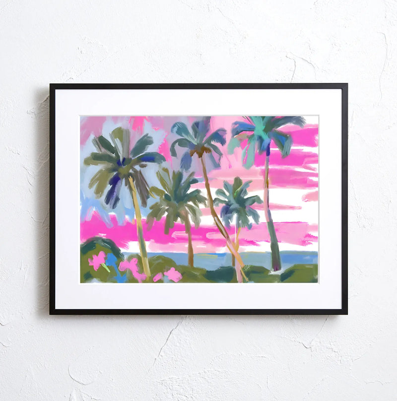 夕焼けのビーチとヤシの木を描いたアートポスター『Sunset Beach』｜Fancy Art Select作｜リゾート感あふれる癒しのインテリアに