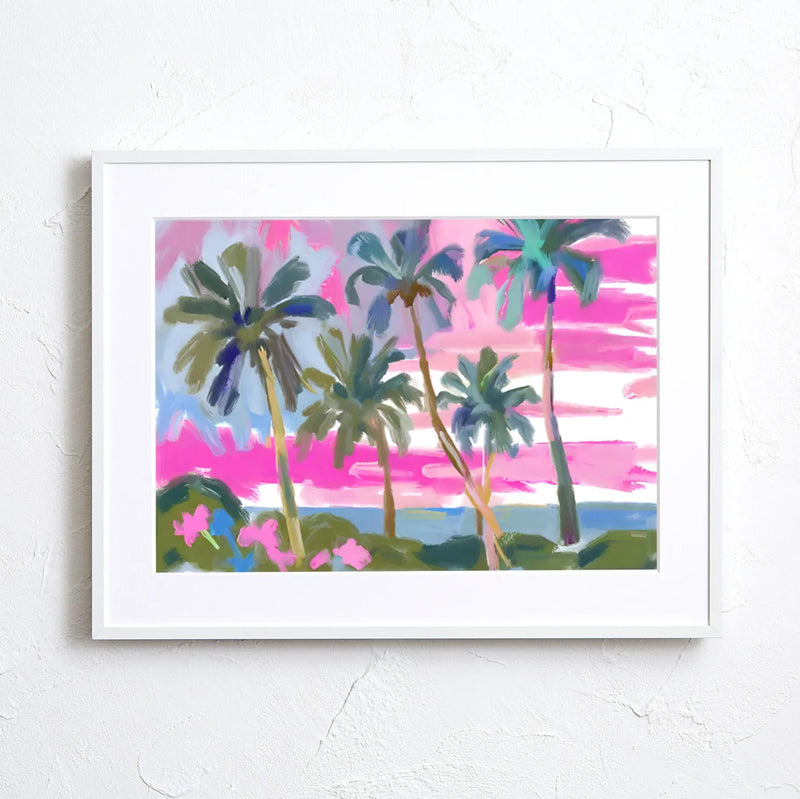 夕焼けのビーチとヤシの木を描いたアートポスター『Sunset Beach』｜Fancy Art Select作｜リゾート感あふれる癒しのインテリアに