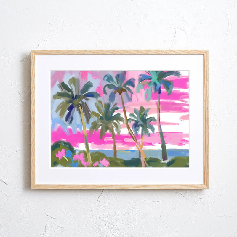 夕焼けのビーチとヤシの木を描いたアートポスター『Sunset Beach』｜Fancy Art Select作｜リゾート感あふれる癒しのインテリアに