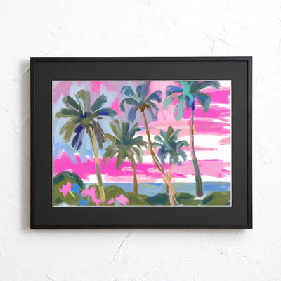 夕焼けのビーチとヤシの木を描いたアートポスター『Sunset Beach』｜Fancy Art Select作｜リゾート感あふれる癒しのインテリアに