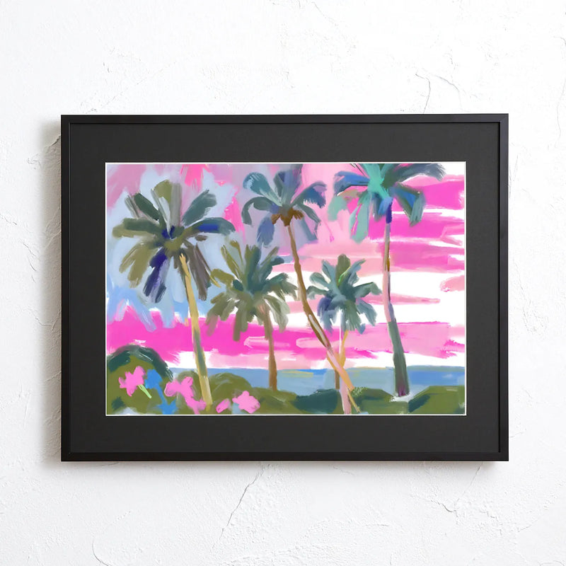 夕焼けのビーチとヤシの木を描いたアートポスター『Sunset Beach』｜Fancy Art Select作｜リゾート感あふれる癒しのインテリアに