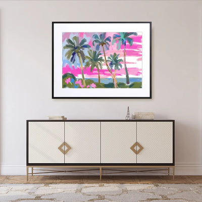 夕焼けのビーチとヤシの木を描いたアートポスター『Sunset Beach』｜Fancy Art Select作｜リゾート感あふれる癒しのインテリアに