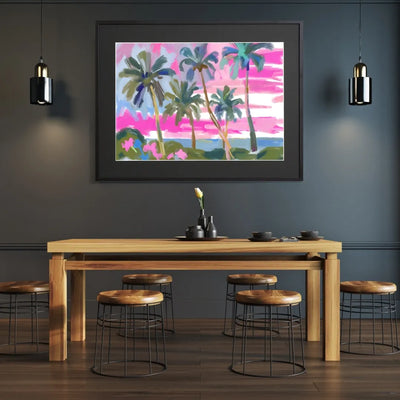 夕焼けのビーチとヤシの木を描いたアートポスター『Sunset Beach』｜Fancy Art Select作｜リゾート感あふれる癒しのインテリアに
