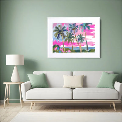 夕焼けのビーチとヤシの木を描いたアートポスター『Sunset Beach』｜Fancy Art Select作｜リゾート感あふれる癒しのインテリアに