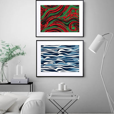 ブルーとホワイトの抽象的な波模様アートポスター『Wave』｜Fancy Art Select作｜海を感じるモダンで爽やかなシンプルなイラストデザイン