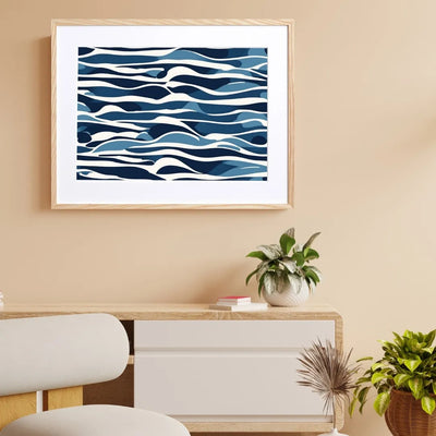ブルーとホワイトの抽象的な波模様アートポスター『Wave』｜Fancy Art Select作｜海を感じるモダンで爽やかなシンプルなイラストデザイン