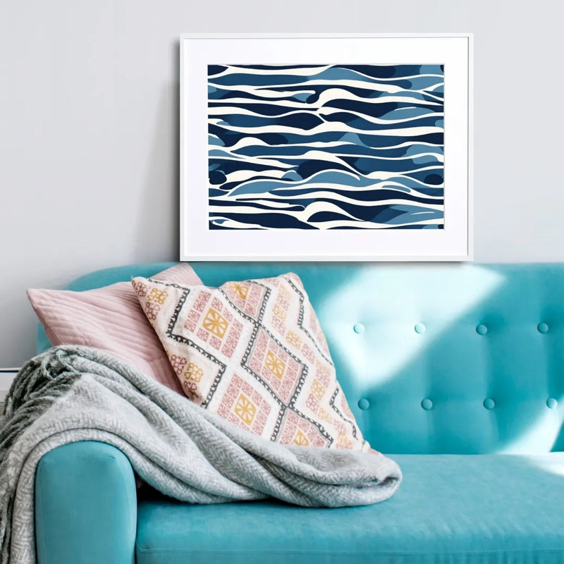 ブルーとホワイトの抽象的な波模様アートポスター『Wave』｜Fancy Art Select作｜海を感じるモダンで爽やかなシンプルなイラストデザイン