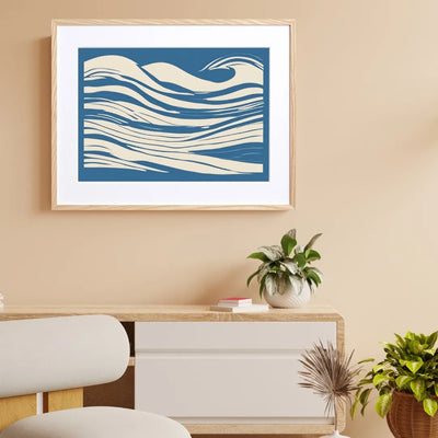 ブルーとベージュで海のうねりを描いたシンプルなアートポスター『Wave Ⅱ』Fancy Art Select作｜モダンで爽やかなインテリアに最適