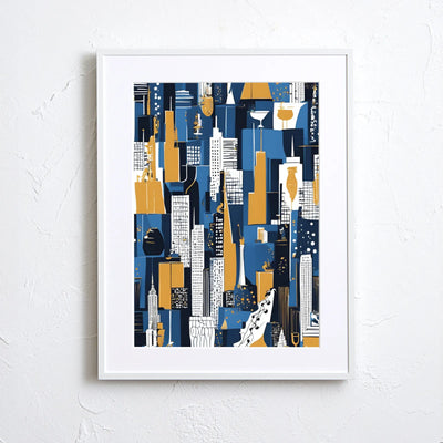 ニューヨークの摩天楼をブルーとイエローで描いた抽象的アートポスター『Abstract NYC』Fancy Art Select｜都会的でスタイリッシュなイラスト