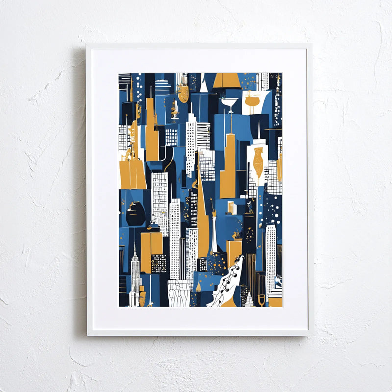 ニューヨークの摩天楼をブルーとイエローで描いた抽象的アートポスター『Abstract NYC』Fancy Art Select｜都会的でスタイリッシュなイラスト