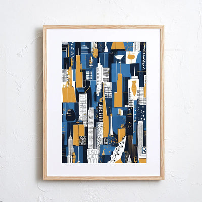 ニューヨークの摩天楼をブルーとイエローで描いた抽象的アートポスター『Abstract NYC』Fancy Art Select｜都会的でスタイリッシュなイラスト
