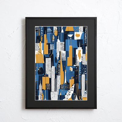 ニューヨークの摩天楼をブルーとイエローで描いた抽象的アートポスター『Abstract NYC』Fancy Art Select｜都会的でスタイリッシュなイラスト