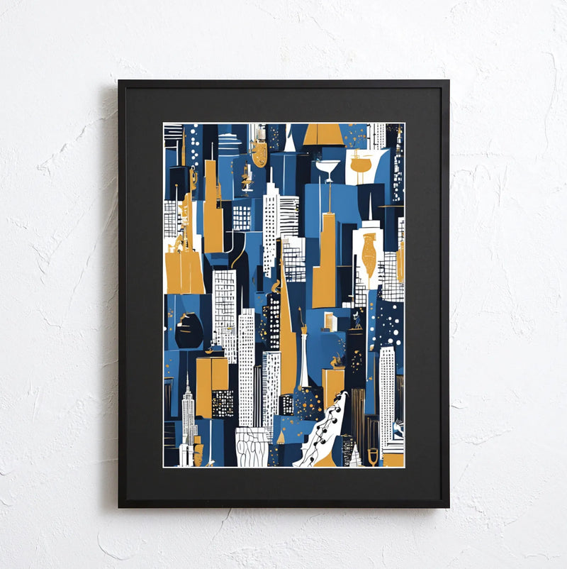 ニューヨークの摩天楼をブルーとイエローで描いた抽象的アートポスター『Abstract NYC』Fancy Art Select｜都会的でスタイリッシュなイラスト