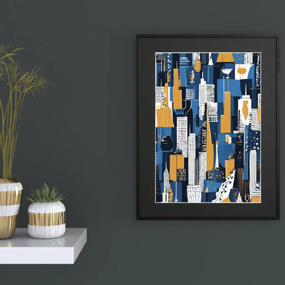 ニューヨークの摩天楼をブルーとイエローで描いた抽象的アートポスター『Abstract NYC』Fancy Art Select｜都会的でスタイリッシュなイラスト